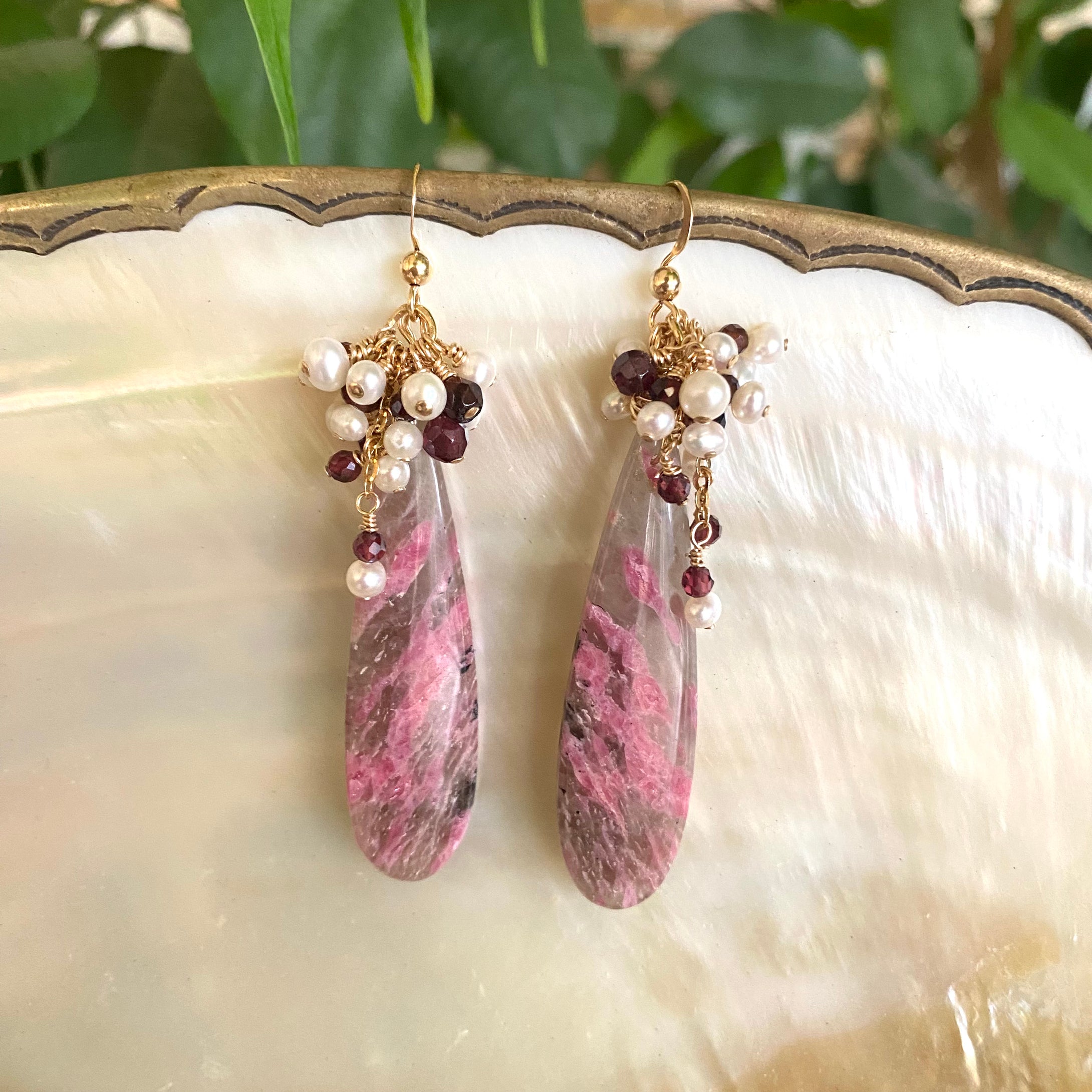 Pink Rhodonite Teardrop Earrings, Garnet & Pearl Cluster, 14K GF