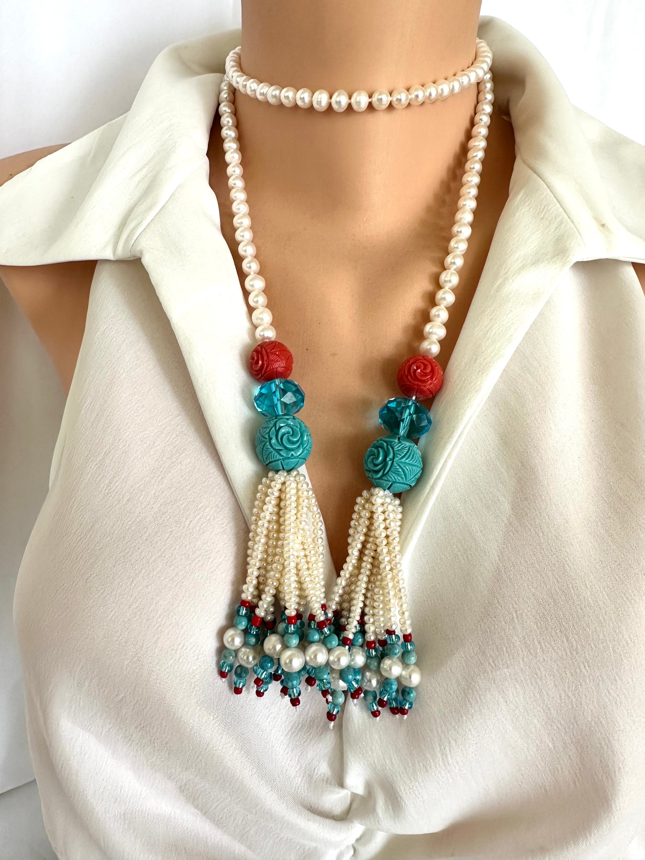 Collier Lariat en Perles avec Corail et Turquoise