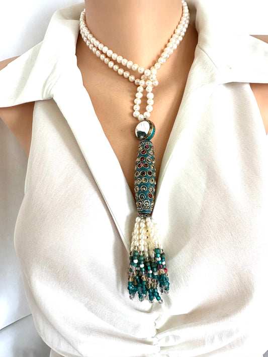 Bohemian Pearl Tassel Necklace showcasing freshwater pearls, colorful beads, and intricate craftsmanship.