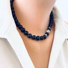 Load image into Gallery viewer, Navy Blue Pearl Chunky Necklace with Zircons Pave Silver Details, 18&quot;
