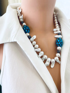 Baroque Pearl Jellyfish Necklace, Rhinestone & Turquoise, 21"