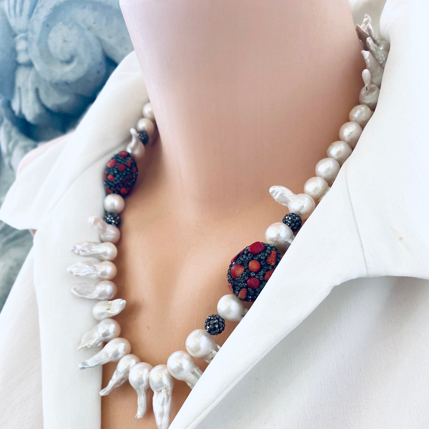 Baroque Pearl Jellyfish Necklace, Rhinestone and Red Coral, 21