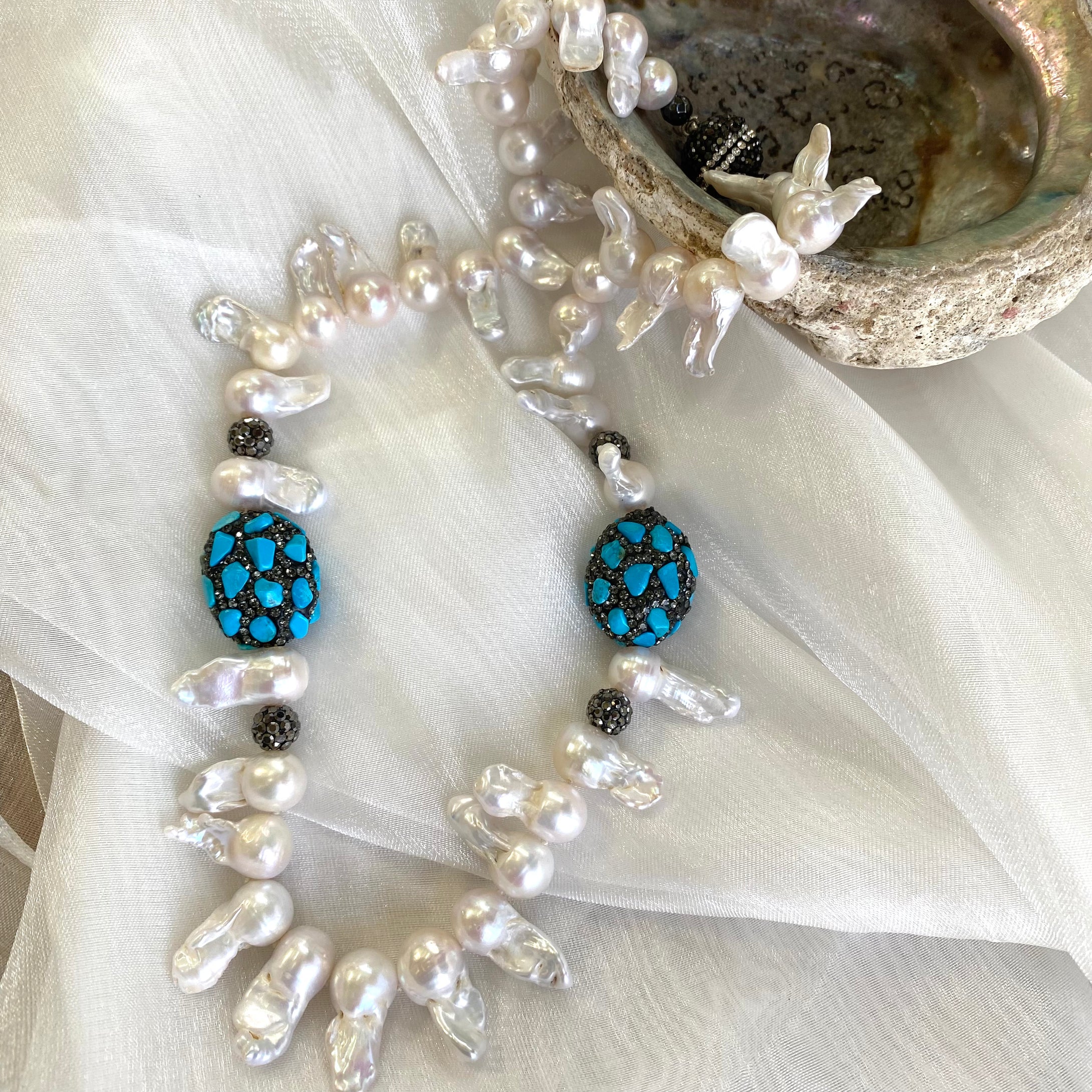 Baroque Pearl Jellyfish Necklace, Rhinestone & Turquoise