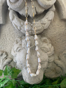 Asymmetric White Baroque Pearl & Chunky Gold Vermeil Chain Necklace | Stylish Vermeil Push Lock Clasp | 24.5’inches