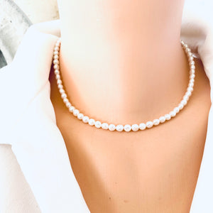 Classic White Pearl Necklace 4-5 mm, Freshwater Pearl Of AAA+ Quality, Gold Vermeil Plated Silver Red Heart Charm, 16"in