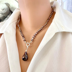 Bronze Pearls Necklace & White or Brown Removable Baroque Pearl Pendant, Silver 18.5"