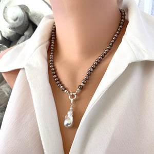 Bronze Pearls Necklace & White or Brown Removable Baroque Pearl Pendant, Silver 18.5"