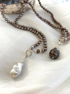 Bronze Pearls Necklace & White or Brown Removable Baroque Pearl Pendant, Silver 18.5"