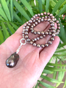 Bronze Pearls Necklace & White or Brown Removable Baroque Pearl Pendant, Silver 18.5"