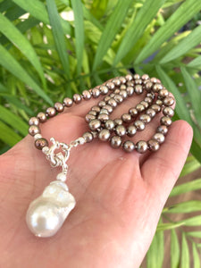 Bronze Pearls Necklace & White or Brown Removable Baroque Pearl Pendant, Silver 18.5"