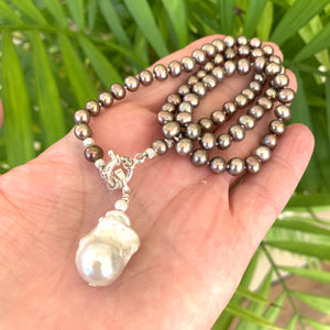 Bronze Pearls Necklace & White or Brown Removable Baroque Pearl Pendant, Silver 18.5"