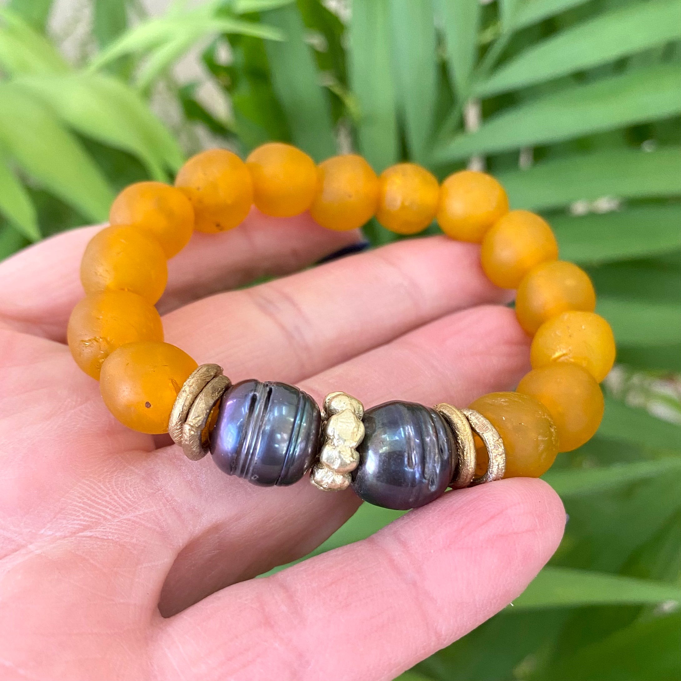 Black Pearl Bracelet, Tangerine African Tribal Recycled Glass
