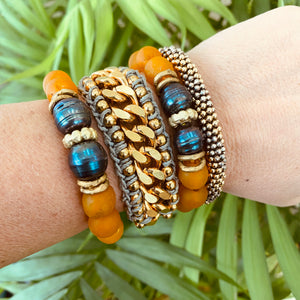 Black Pearl Bracelet, Tangerine African Tribal Recycled Glass, Sea Glass Beaded Chunky Bracelet