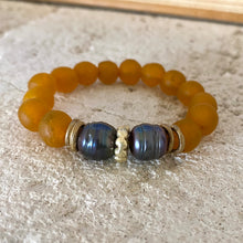 Load image into Gallery viewer, Black Pearl Bracelet, Tangerine African Tribal Recycled Glass, Sea Glass Beaded Chunky Bracelet
