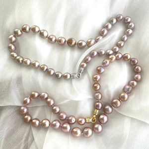 Graduated & Hand Knotted Pink Lavender Edison Baroque Pearl Necklace, Stylish Rhodium or Gold Vermeil Plated Sterling Silver Clasp, 18"inches