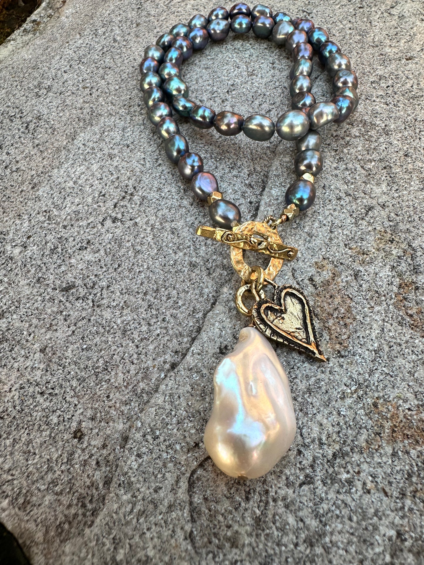 Black pearl baroque pearl necklace with AAA black pearls white baroque pearl pendant and heart charm