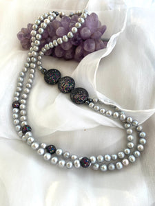 Festive Long Grey Pearl Necklace, 27"