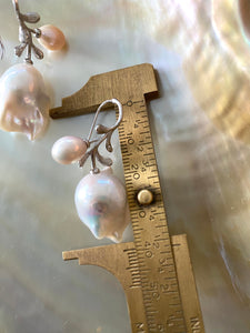 Rose Leaf Design Baroque pearls Earrings, In Silver