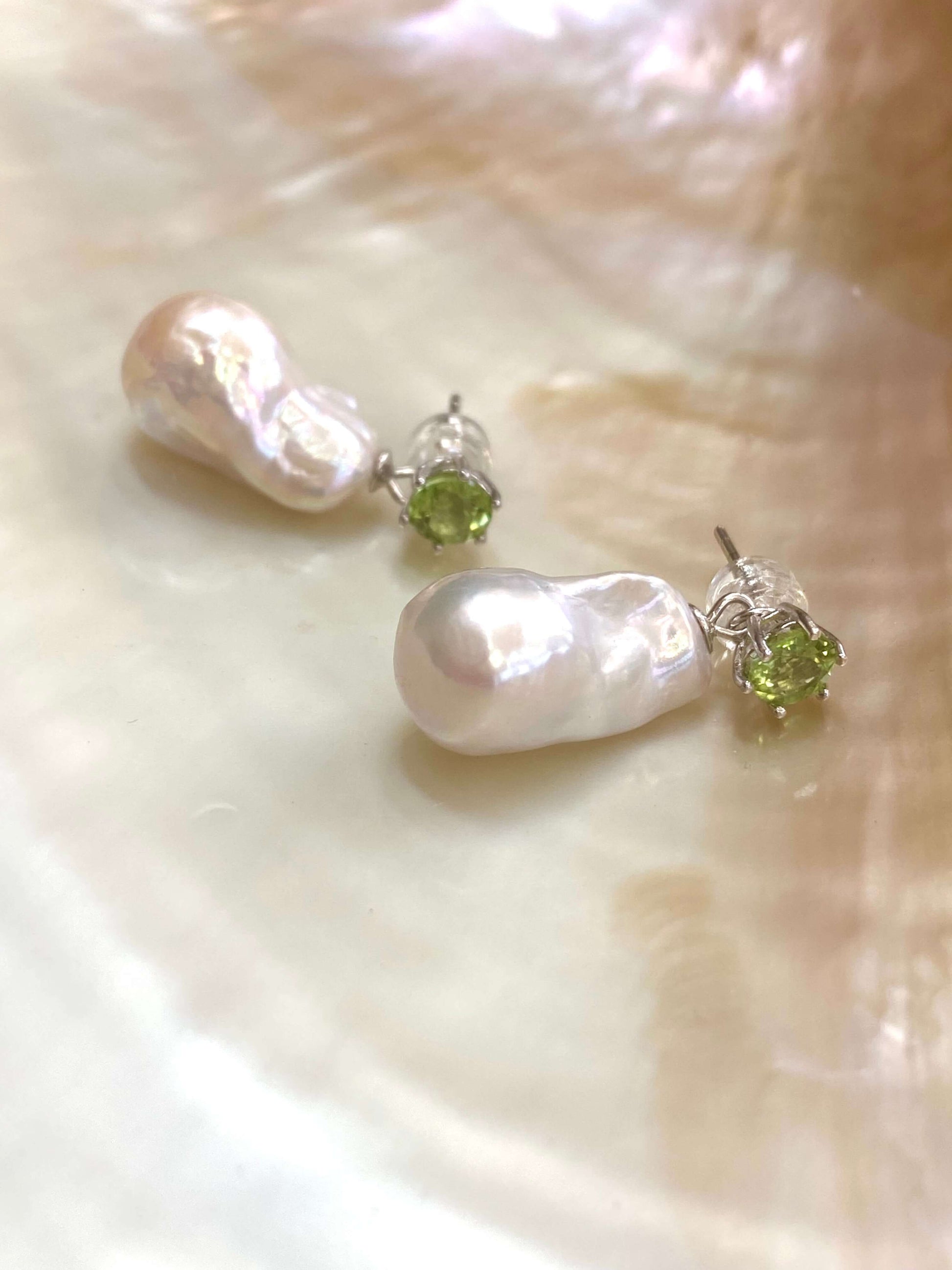 Baroque pearl drop earrings – peridot, amethyst, blue topaz handmade in Canada with rhodium plated silver