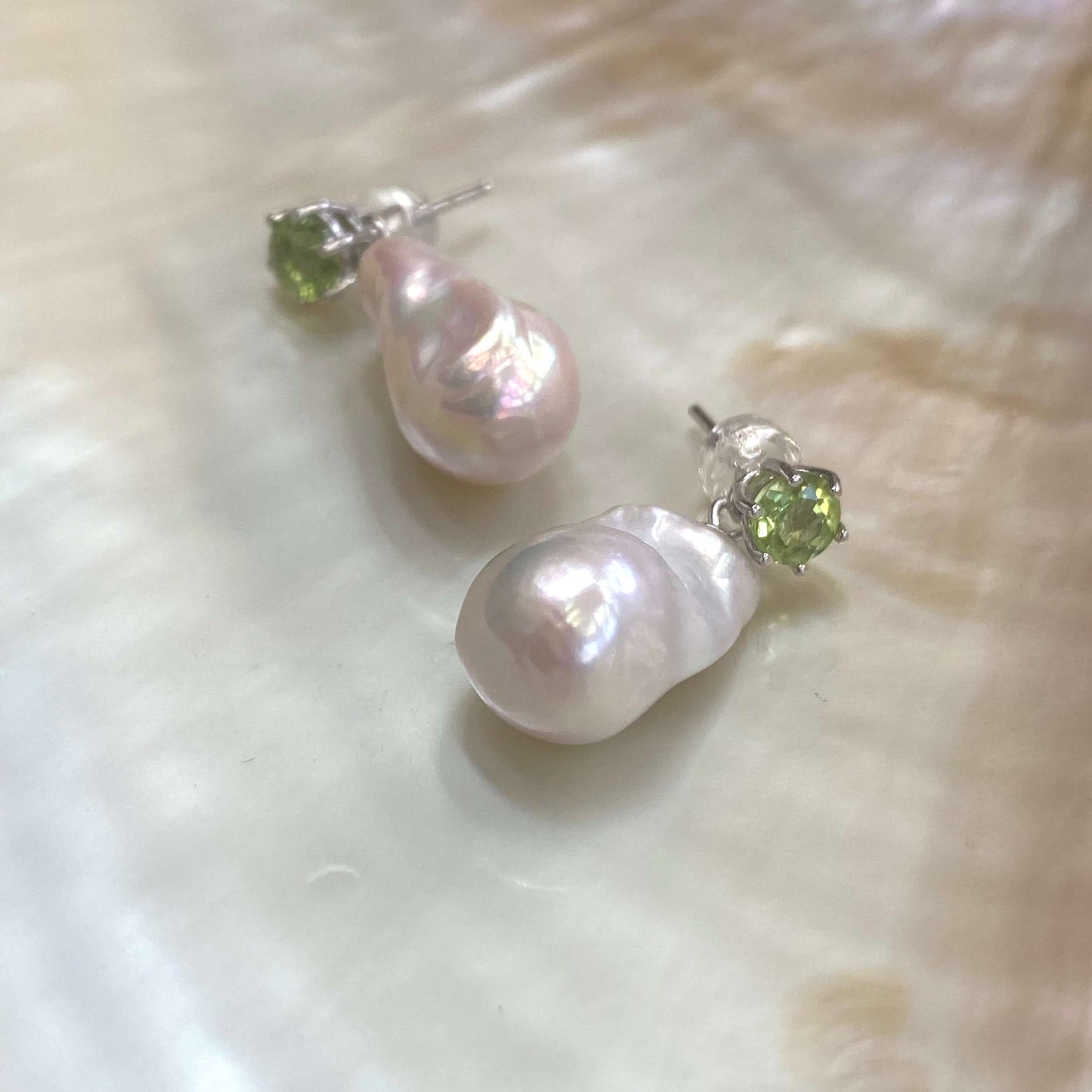 Baroque pearl drop earrings – peridot, amethyst, blue topaz highlighting natural pearl texture and green peridot