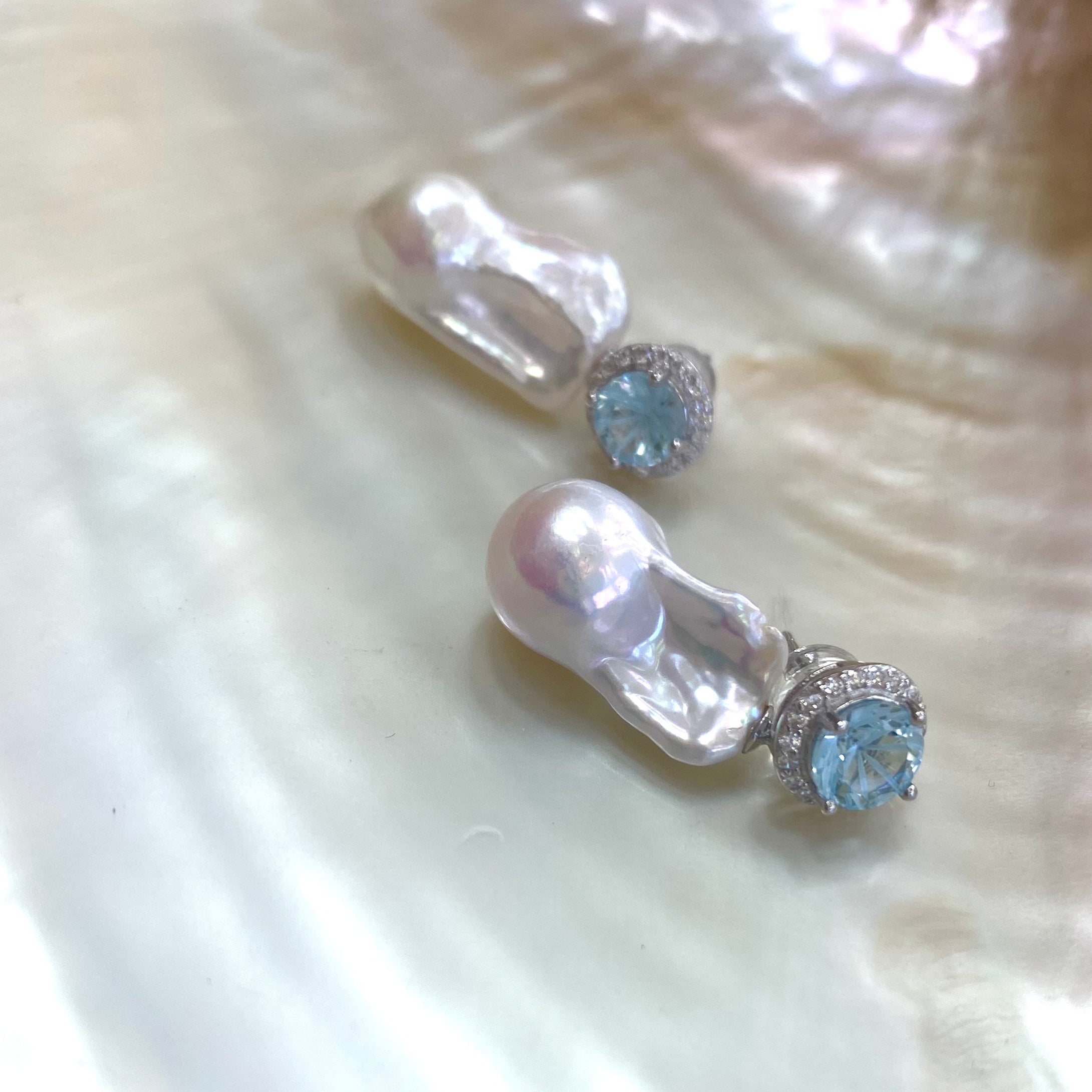 Blue Topaz Studs & Removable Baroque Pearl Earrings