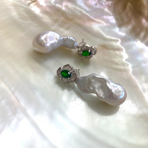 Green Diopside Studs & Removable Baroque Pearl Drop Earrings