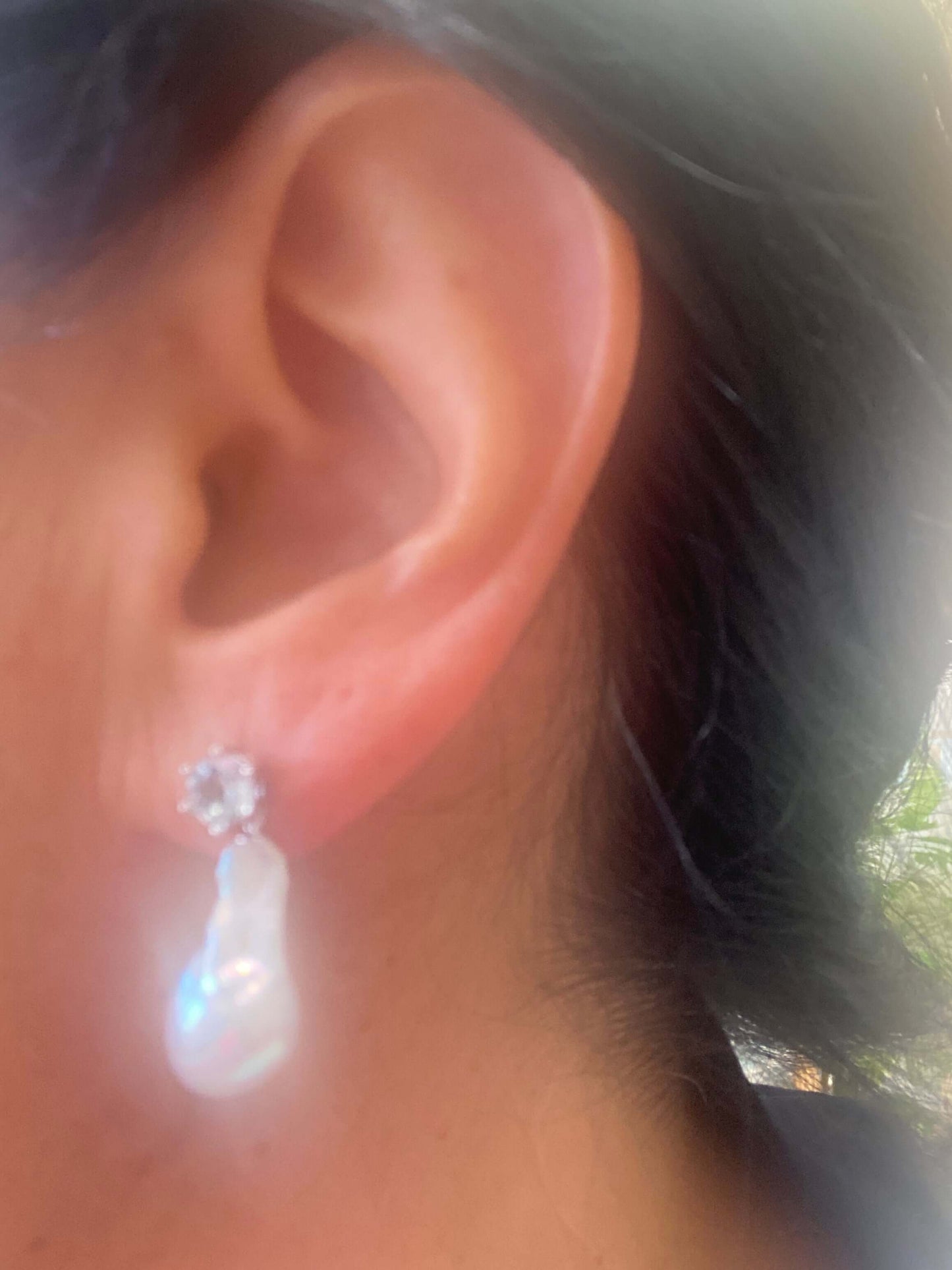 Baroque pearl drop earrings – peridot, amethyst, blue topaz worn on ear with removable white baroque pearl