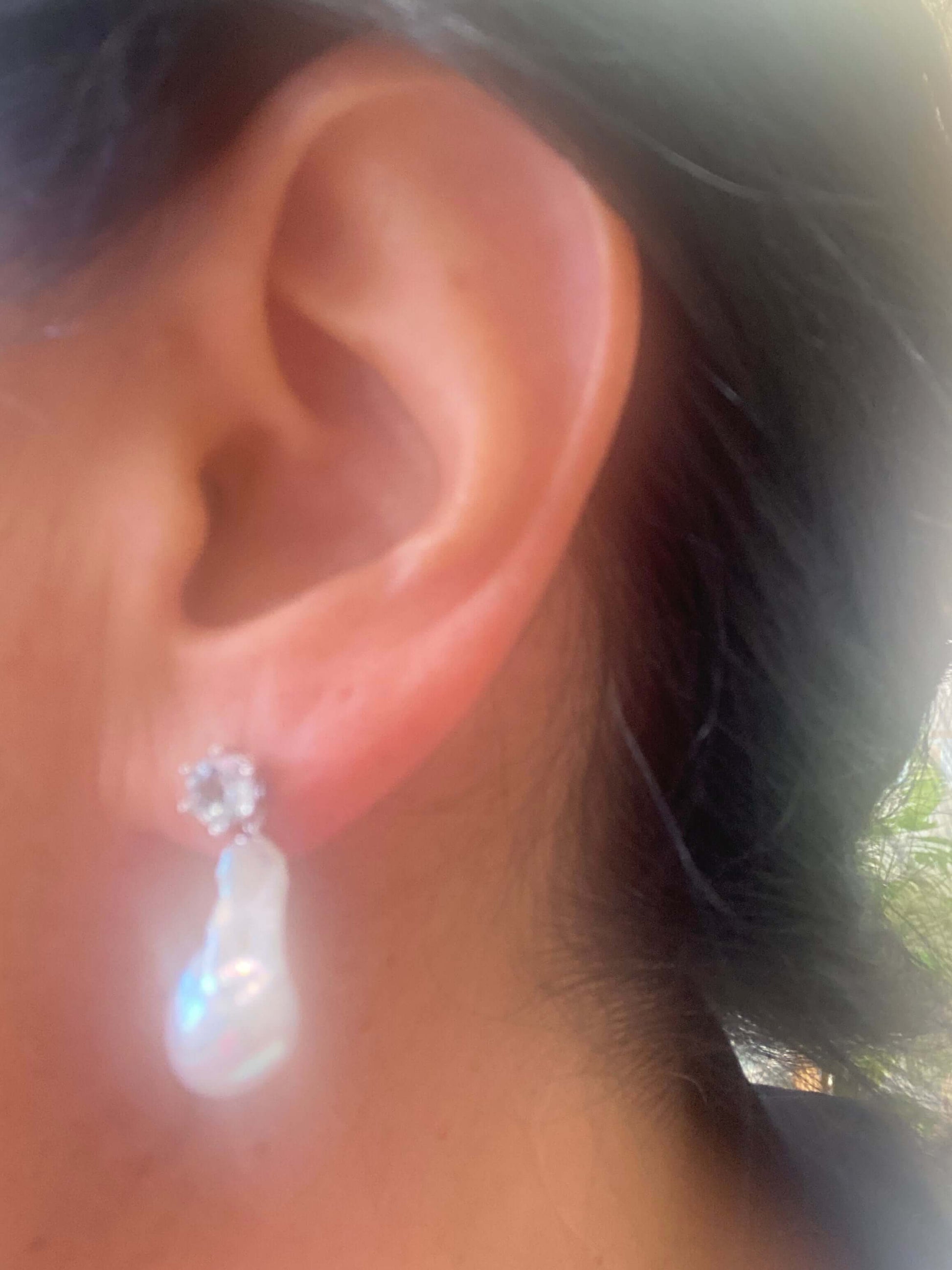 Baroque pearl drop earrings – peridot, amethyst, blue topaz worn on ear with removable white baroque pearl