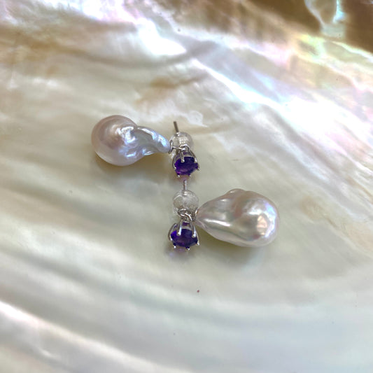 Baroque pearl drop earrings – peridot, amethyst, blue topaz featuring white freshwater pearls and amethyst gemstone studs