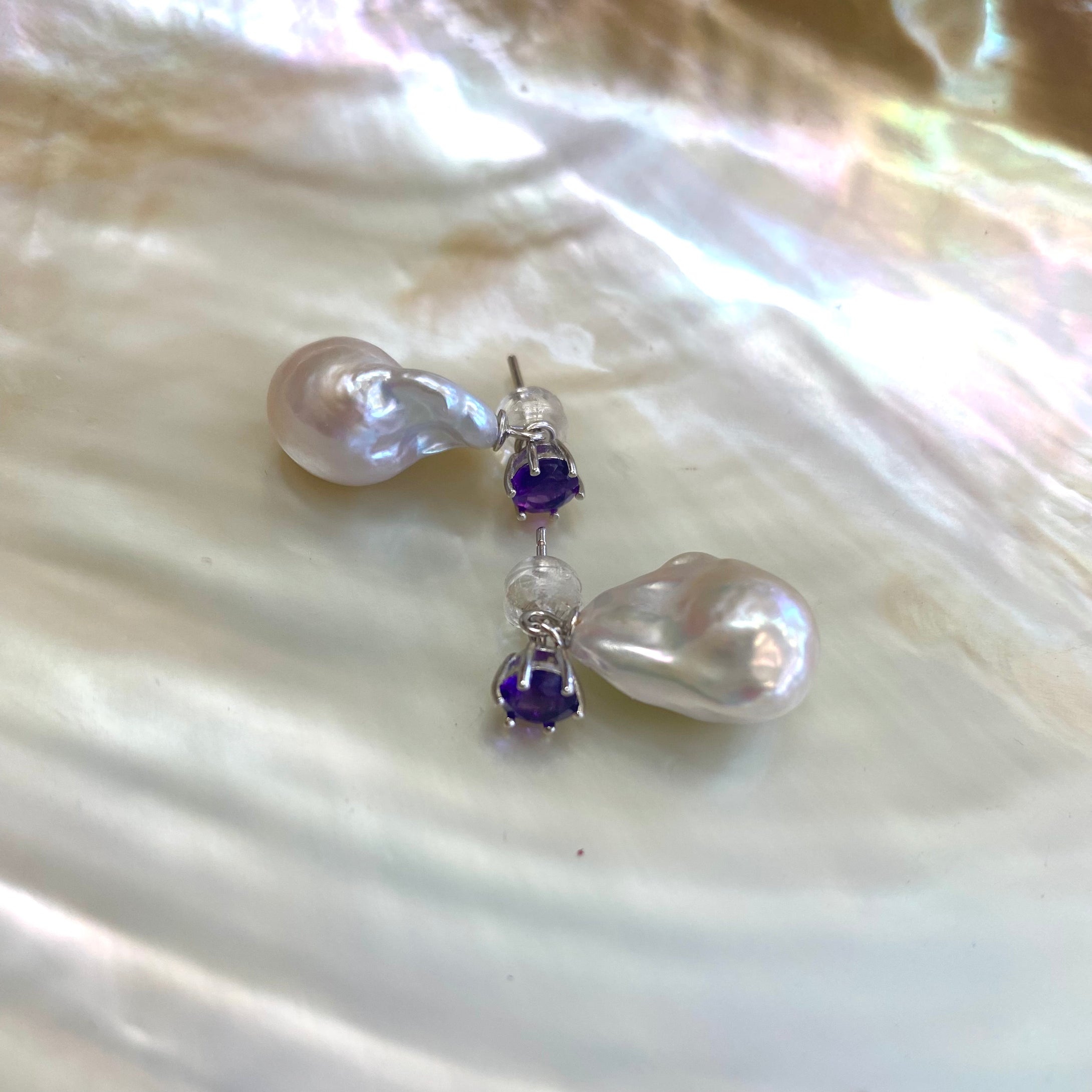 Peridot, Amethyst or Blue Topaz Studs & Baroque Pearl Earrings