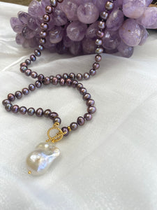 Lavender Pearls Toggle Necklace & White Baroque Pearl Pendant