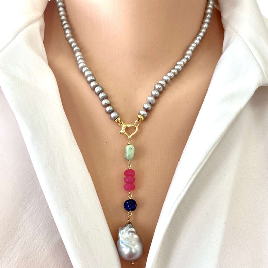 Grey pearl necklace with removable pendant showing silver gray pearls and heart clasp