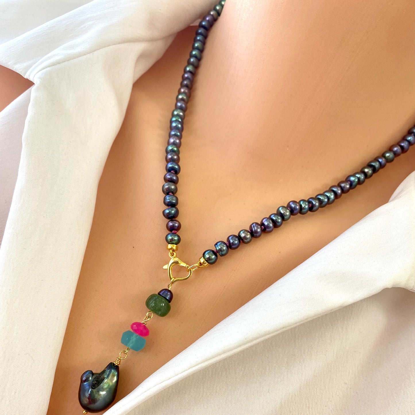 Black pearl necklace with chalcedony and chrysoprase featuring hot pink chalcedony and green chrysoprase