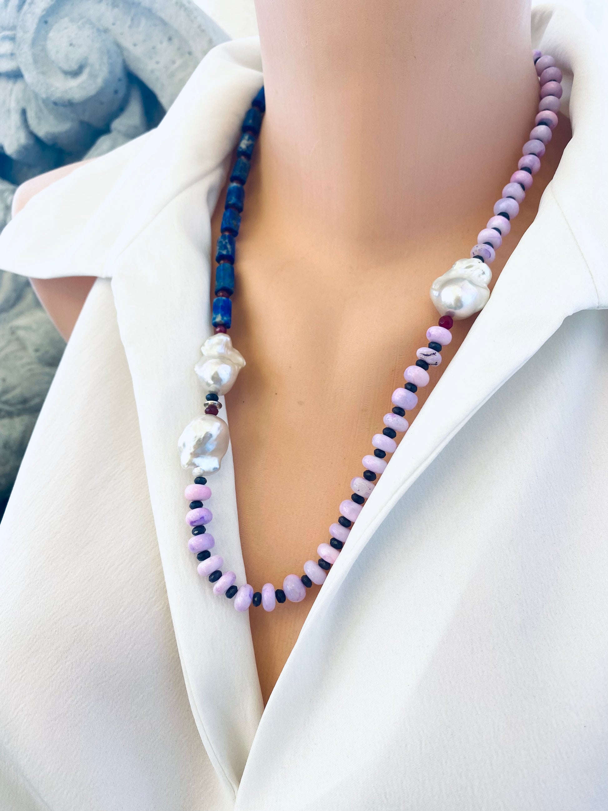Angled view of lapis lazuli opal agate pearl necklace on mannequin — handcrafted gemstone necklace featuring opal, agate, and baroque pearls