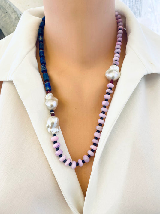Lapis lazuli opal agate pearl necklace on mannequin — front view of handcrafted gemstone and baroque pearl jewelry by Loulia Pearl Jewelry
