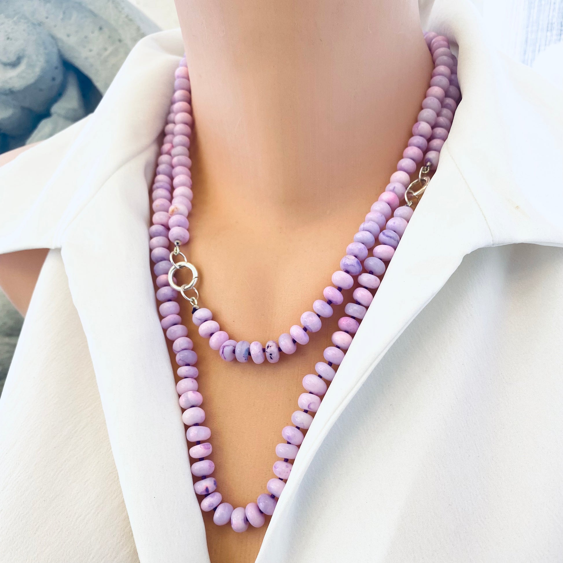 → Lavender opal necklace with pendant worn doubled on mannequin, handcrafted gemstone jewelry by Loulia Pearl Jewelry.