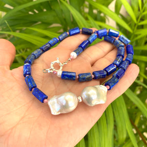 Lapis Lazuli, Pink Rhodonite & Baroque Pearl Necklace