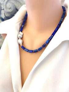 Lapis Lazuli, Pink Rhodonite & Baroque Pearl Necklace