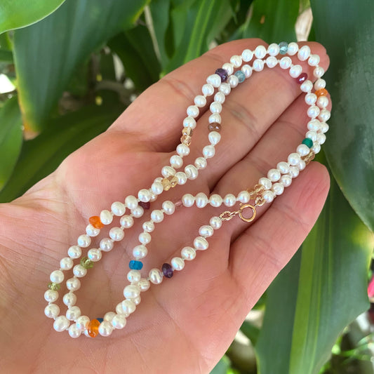 Rainbow gemstone pearl necklace with multi gemstones and freshwater pearls handmade in Canada