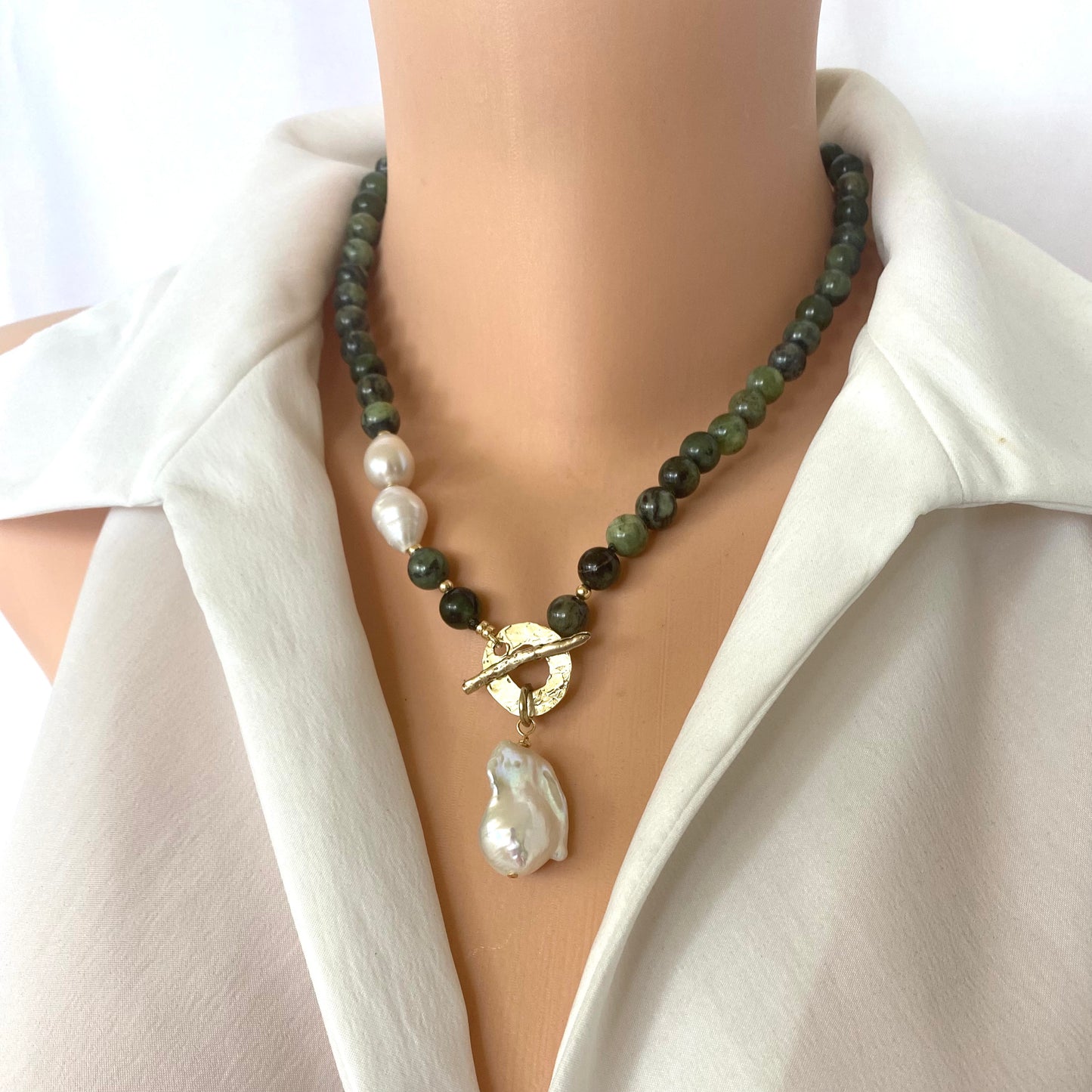 LIVE #6 - Green Jade & Baroque Pearl Toggle Necklace