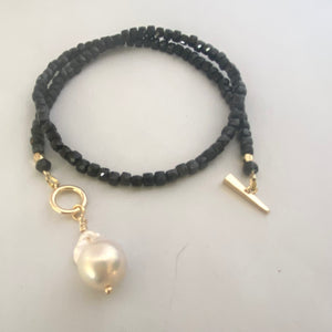 Black Tourmaline Choker Necklace & Pearl Charm