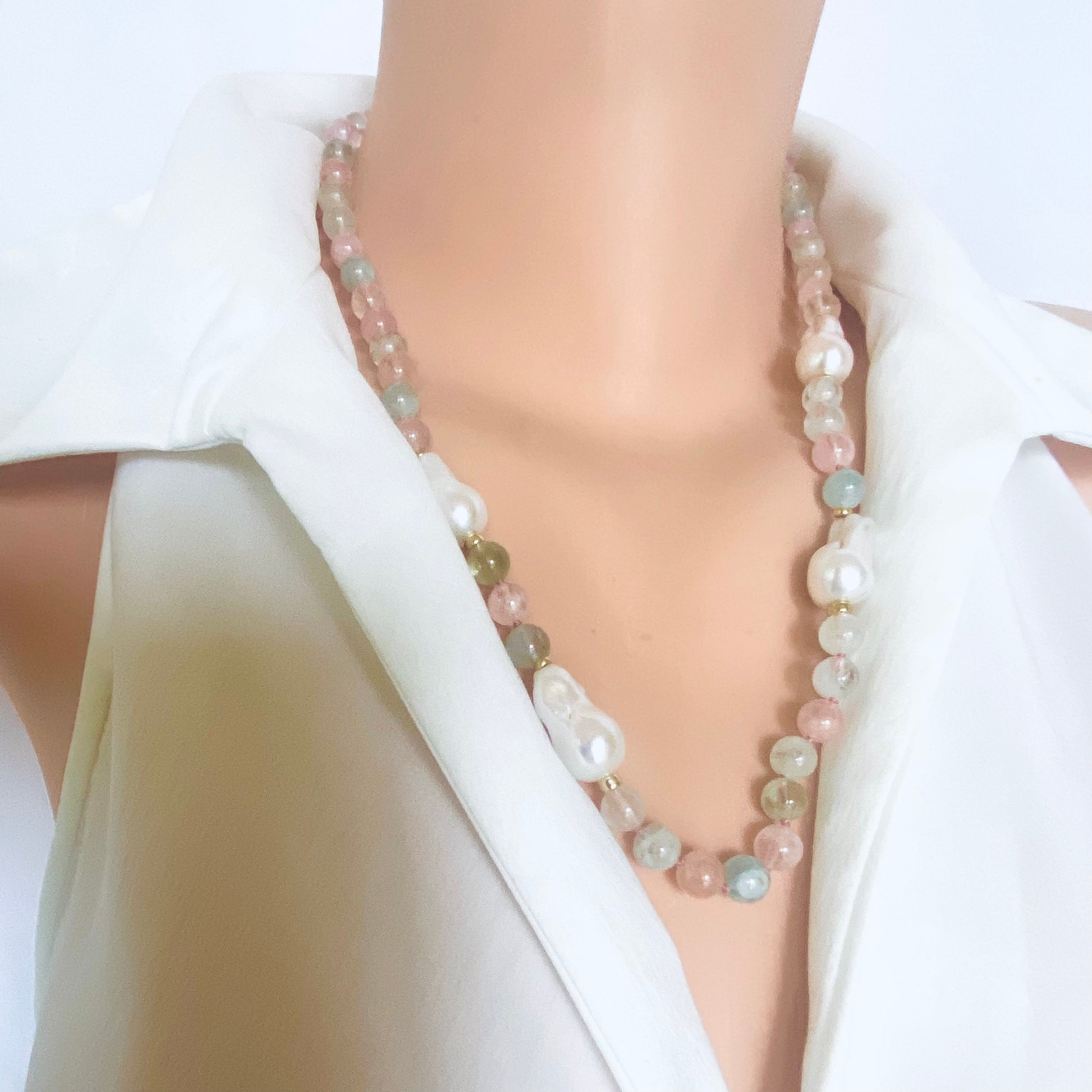 Morganite aquamarine pearl necklace showcasing pastel gemstones and pearls, elegantly handcrafted design.