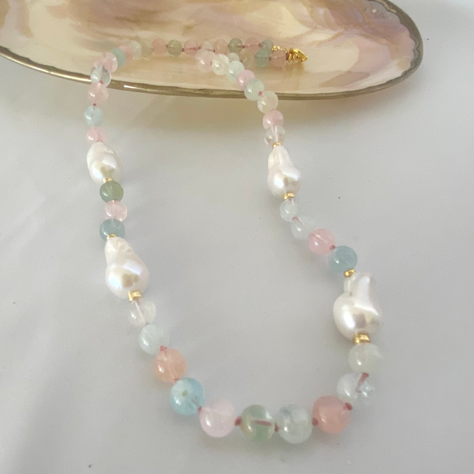 Morganite Aquamarine Pearl Necklace | Handcrafted Statement Design featuring soft hues and gemstones.