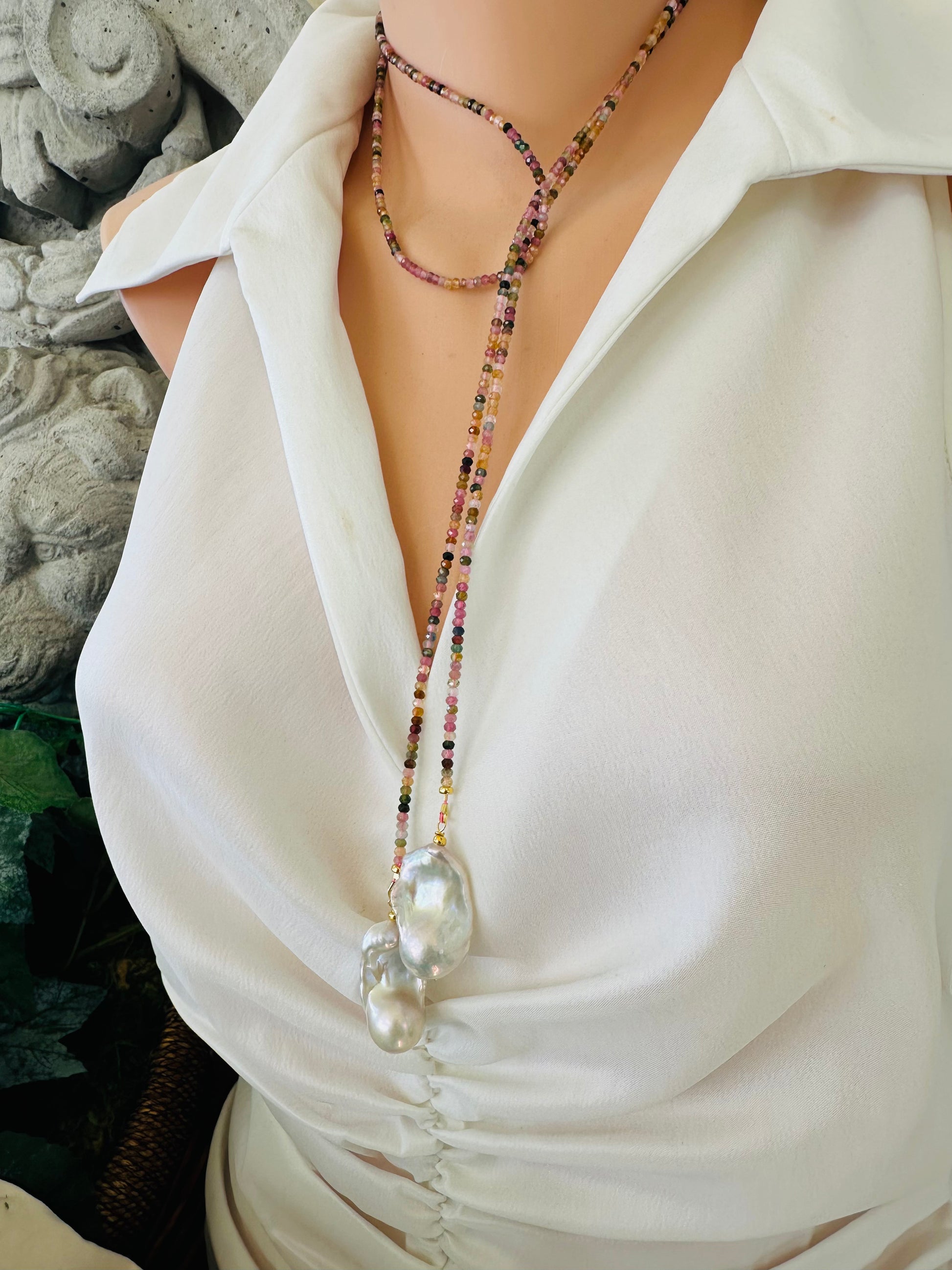 Angled view of Multi Tourmaline Baroque Pearl Lariat Necklace on mannequin — long handcrafted gemstone and pearl lariat by Loulia Pearl Jewelry