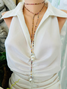 Multi Tourmaline & two Baroque Pearls Lariat Necklace
