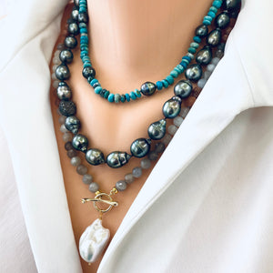 Arizona Turquoise & Tahitian Pearl Necklace, Gold Vermeil Clasp, 19.5"inches, December Birthstone