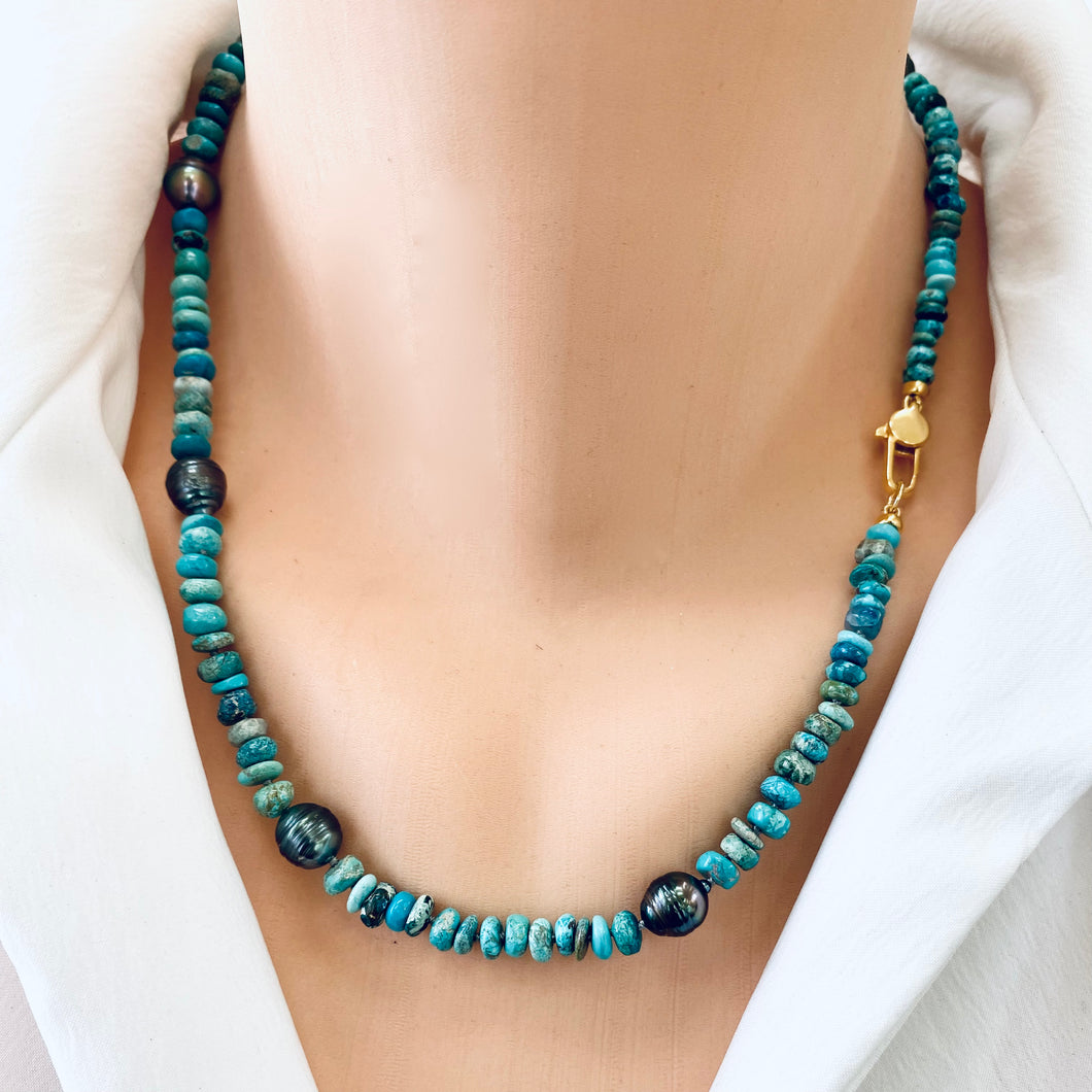 Arizona Turquoise & Tahitian Pearl Necklace, Gold Vermeil Clasp, 19.5