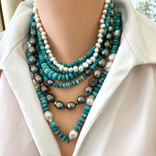 Lade das Bild in den Galerie-Viewer, 19.5-inch Arizona Turquoise &amp; Tahitian Pearl Necklace featuring a Gold Vermeil Clasp
