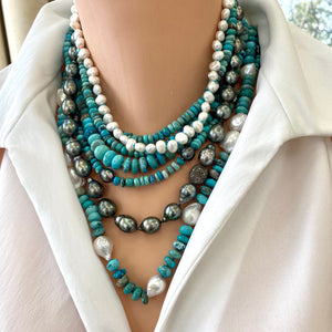 Arizona Turquoise & Tahitian Pearl Necklace, Gold Vermeil Clasp, 19.5"inches, December Birthstone