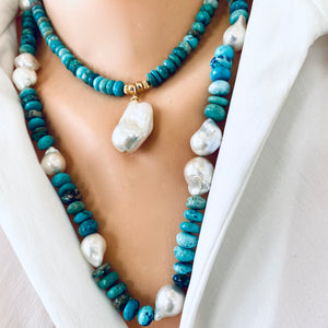 Arizona Turquoise & Freshwater Baroque Pearl Short Necklace, 16"in, Gold Filled Details, December Birthstone